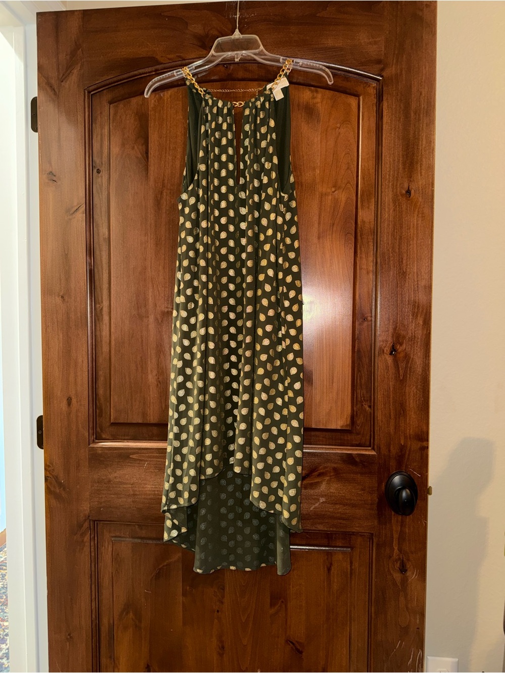 Michael Michael Kors Olive Green & Gold Metallic Print Chain Neck Dress